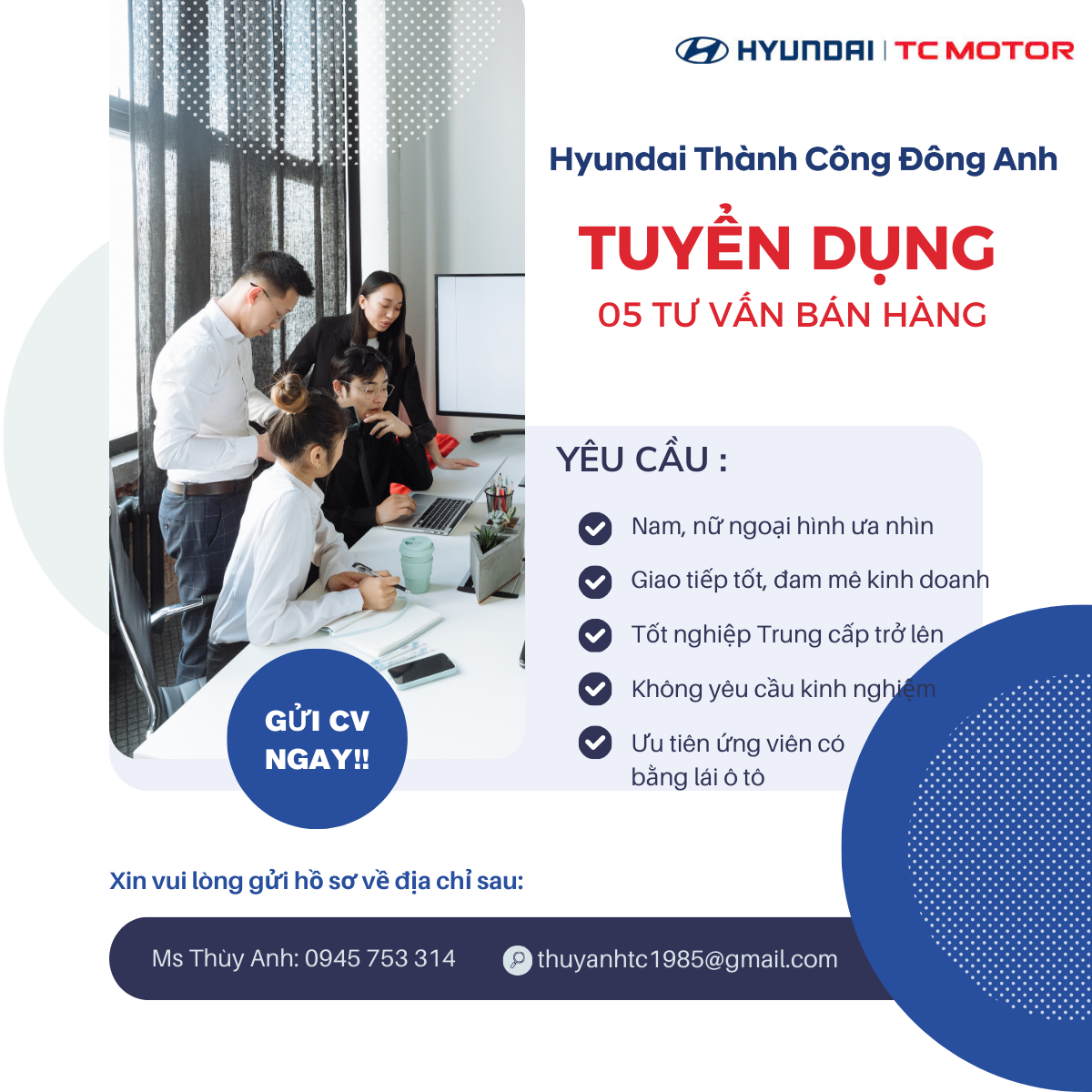 Hyundai Thành Công Đông Anh tuyển dụng 05 nhân viên Tư vấn bán hàng- Không yêu cầu kinh nghiệm